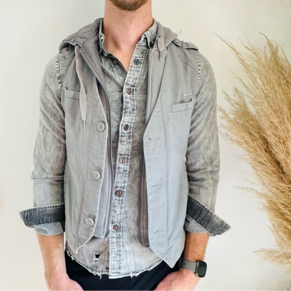 MENS GUESS Light Grey Jeans Wash Ribbed Knit Hood Hoodie Button Zip Work Vest S